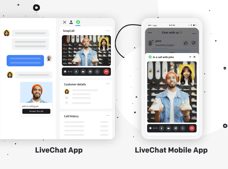A graphic presenting the SnapCall integration in the LiveChat app and LiveChat mobile app.