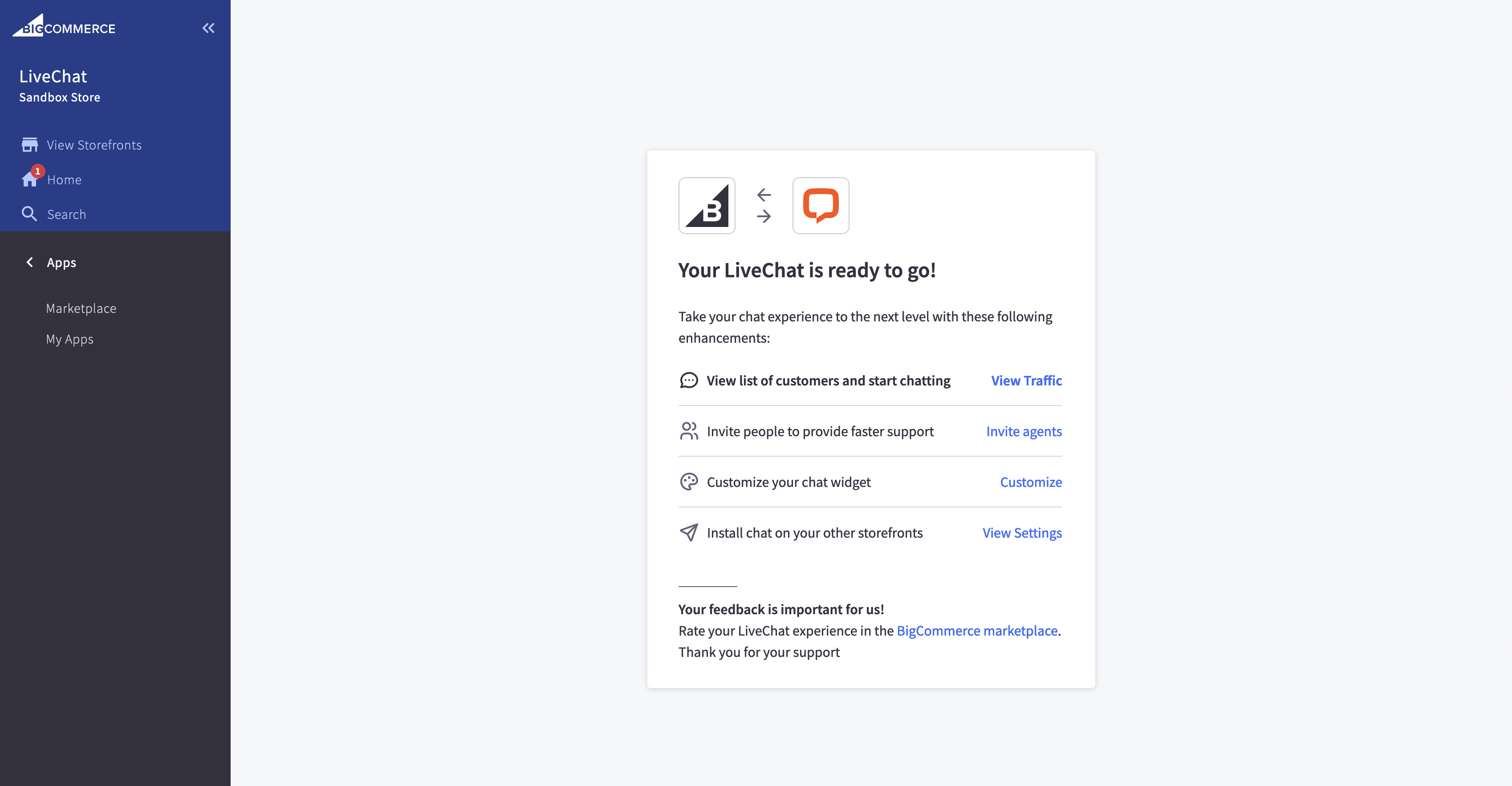 BigCommerce dashboard with the LiveChat integration panel open