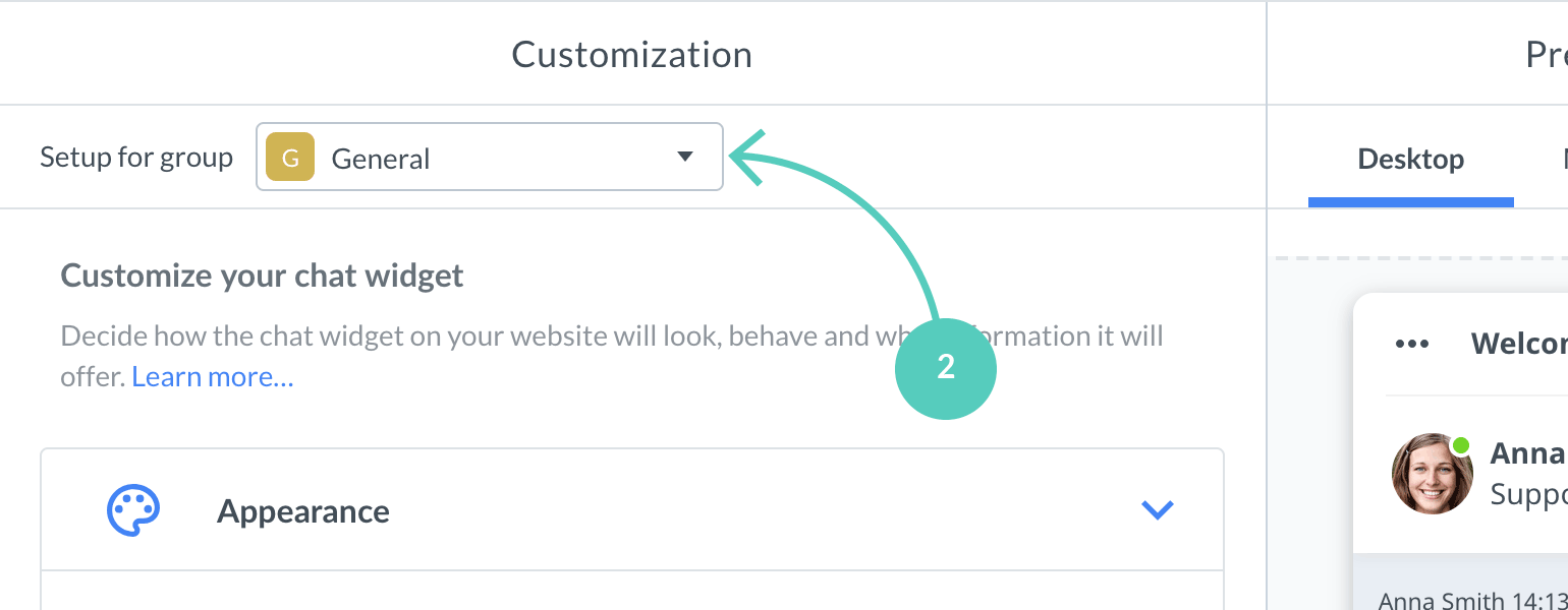 Chat widget configurator: choose a group