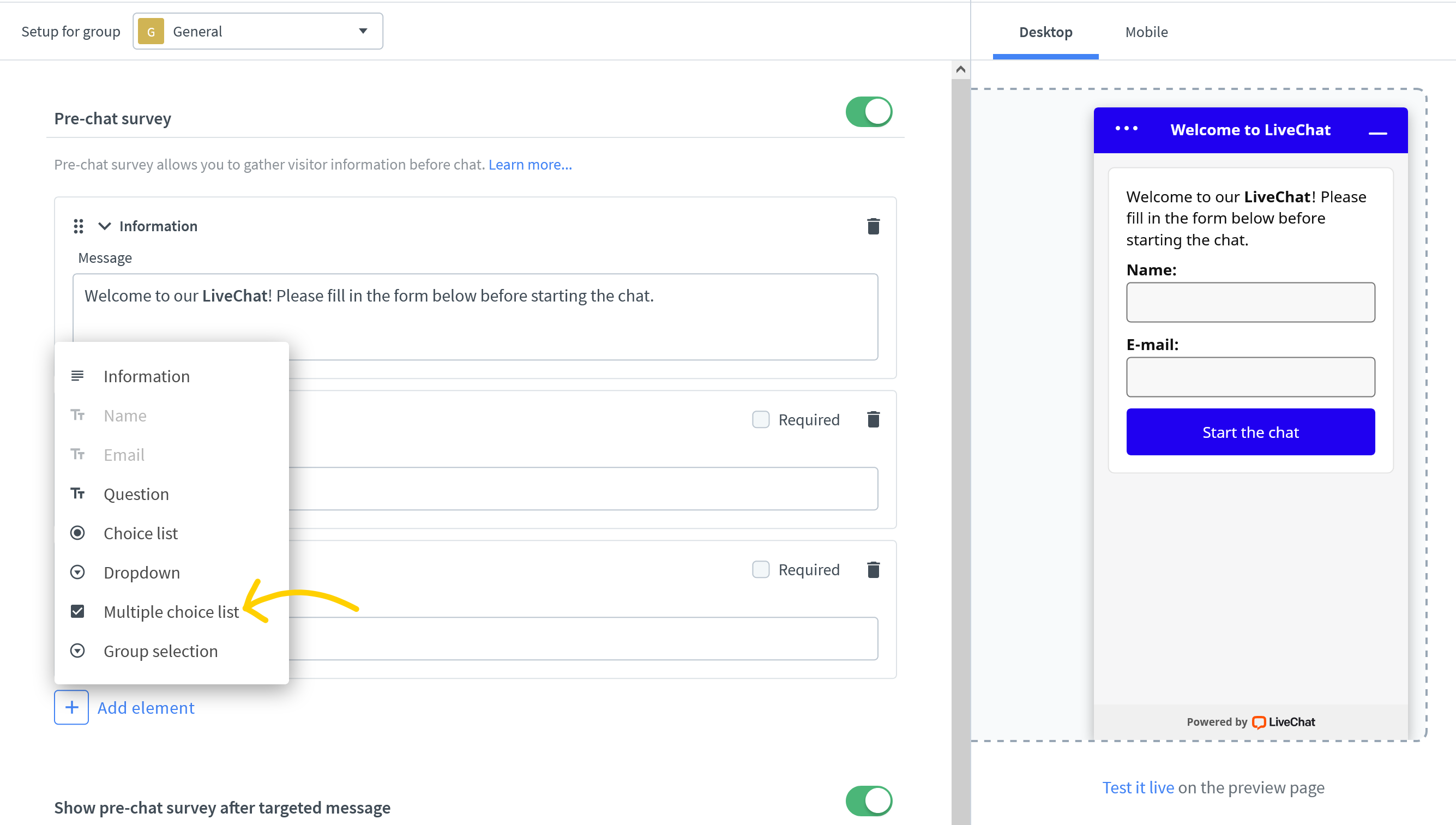 Choose a multiple choice list to create a GDPR consent field