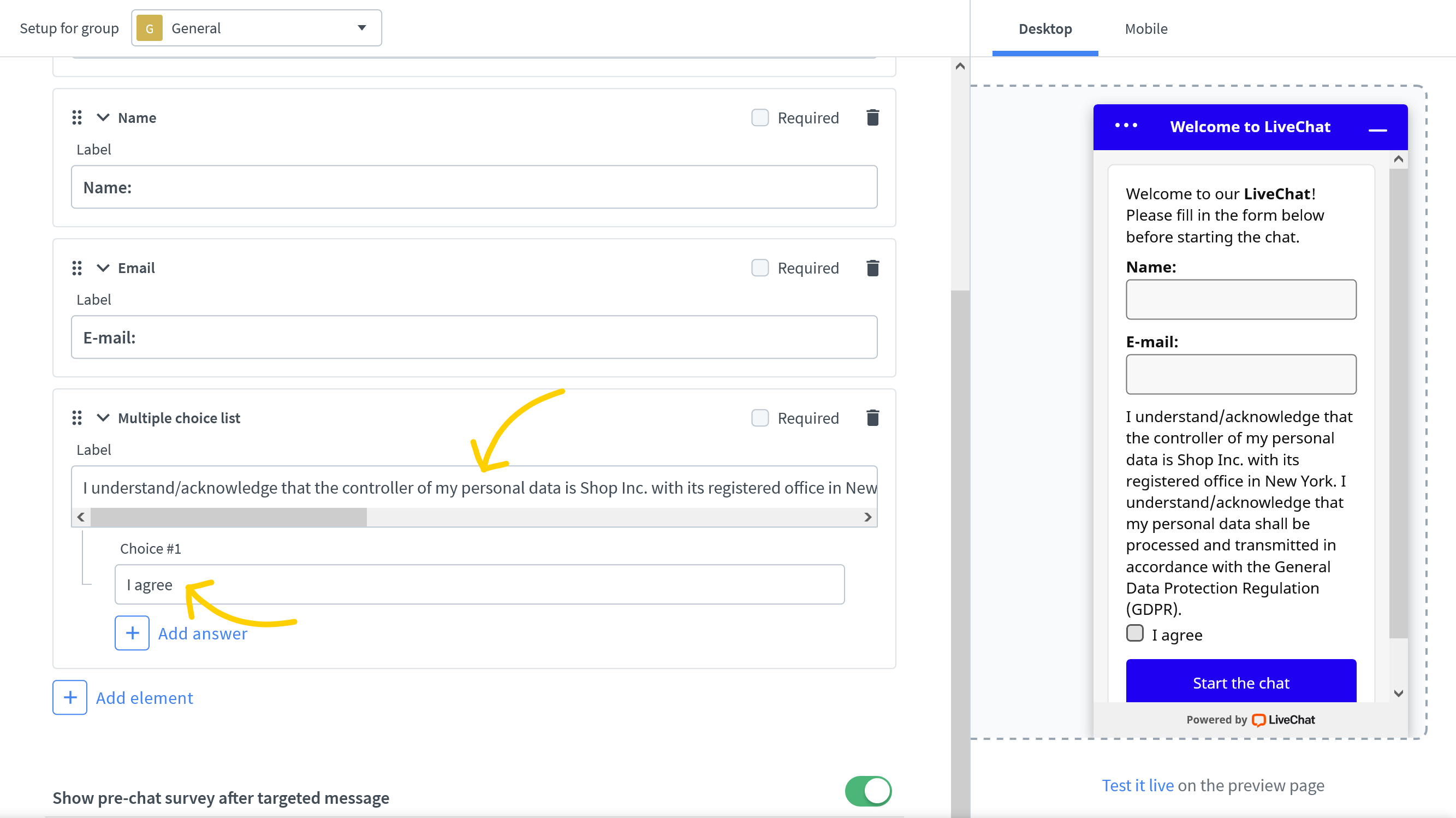 Fill in labels to create a GDPR consent field