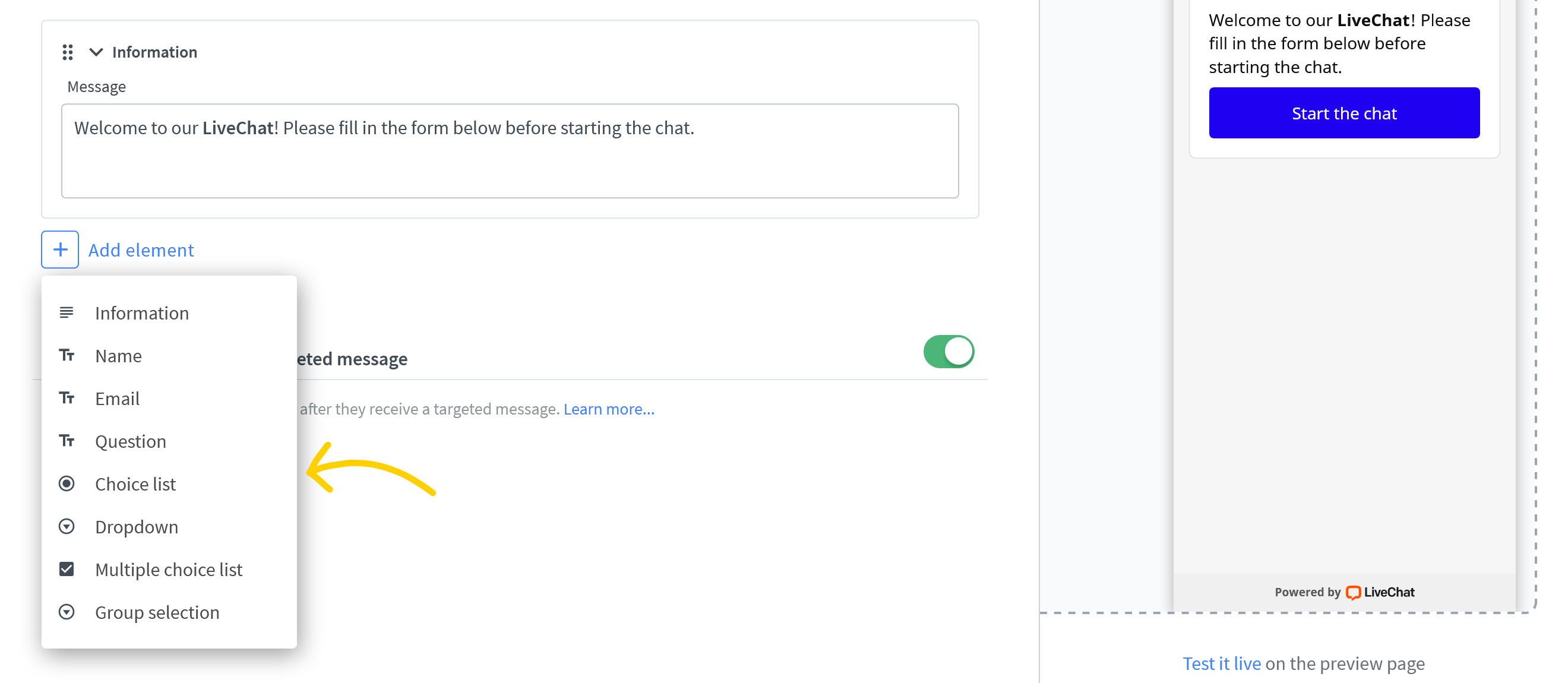 Choose a field you want to add to pre-chat form