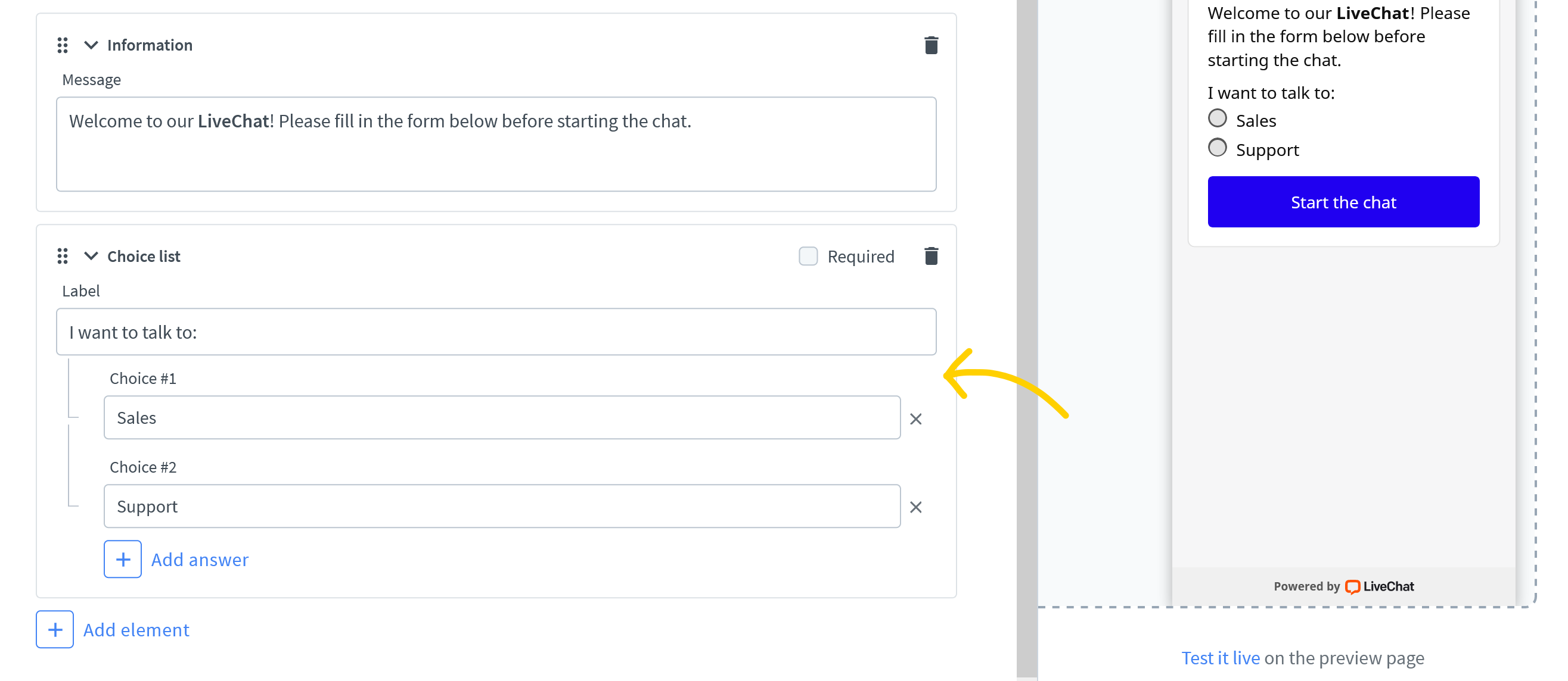 Fill in labels to add a field to the pre-chat form
