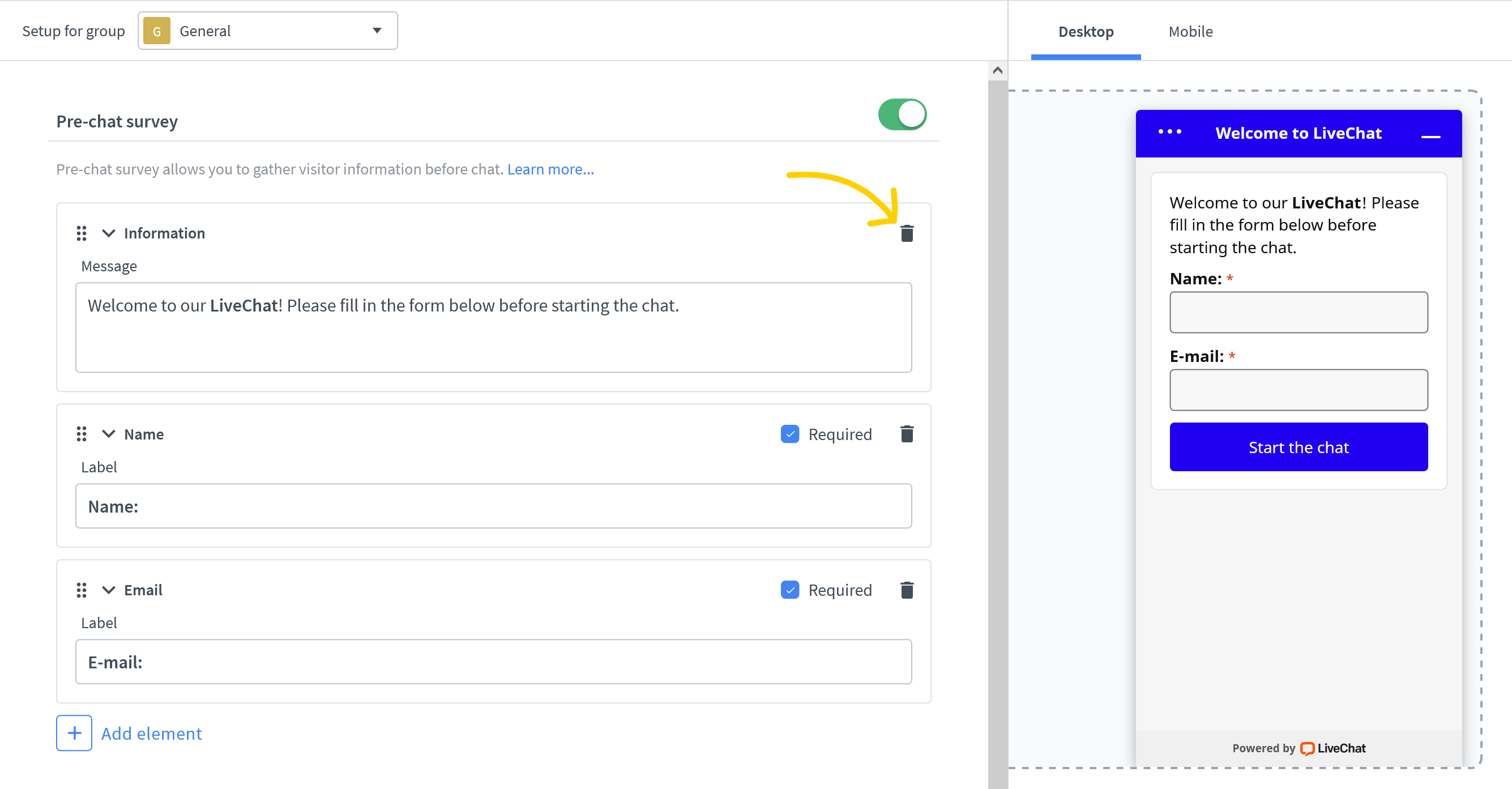 How to delete a field in pre-chat form