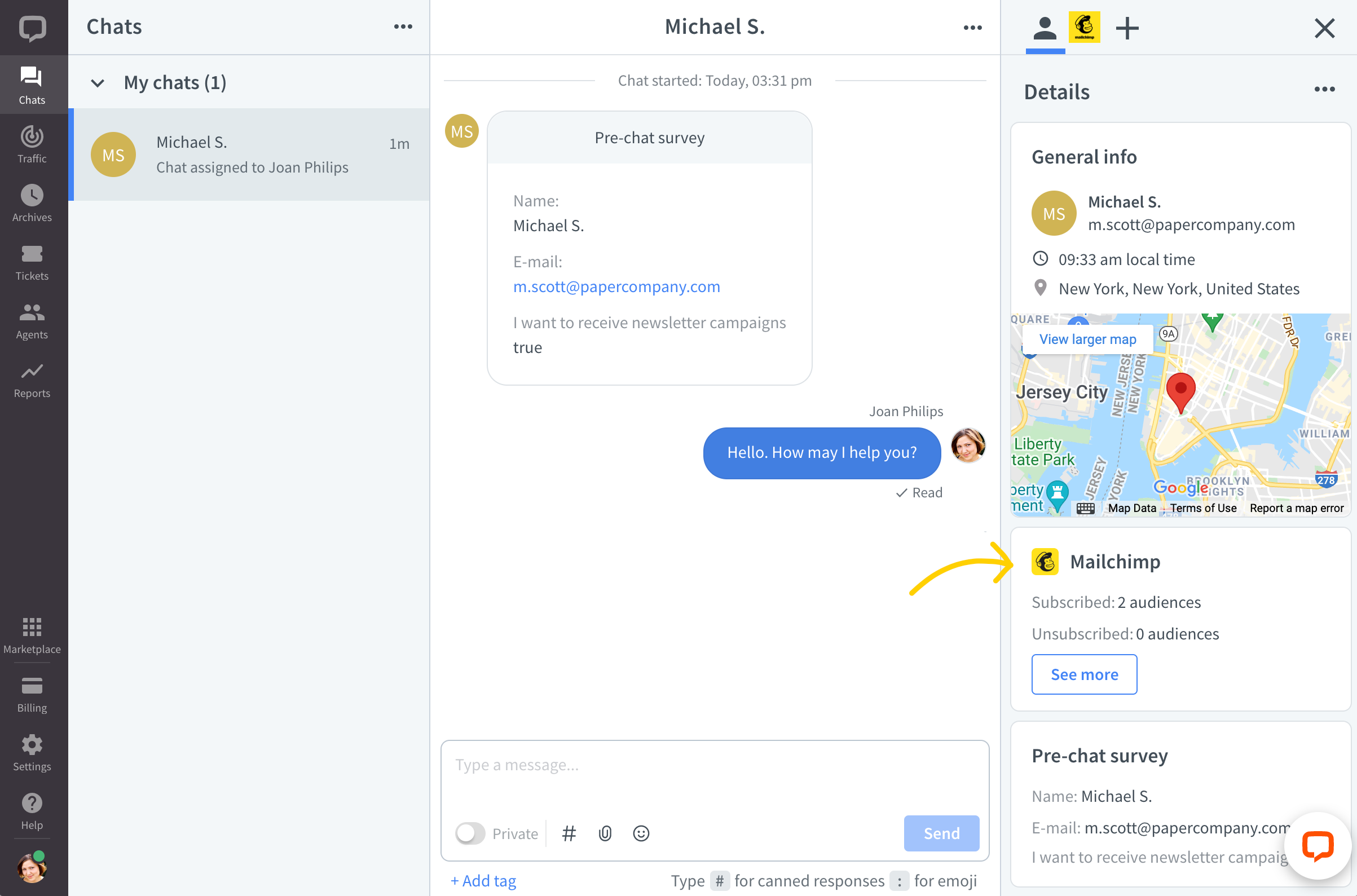 ### View the customer’s Mailchimp details in the LiveChat Agent app: chats view.