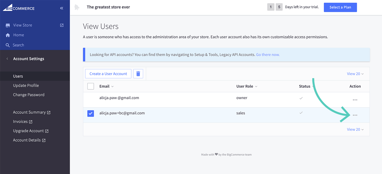 User settings in BigCommerce