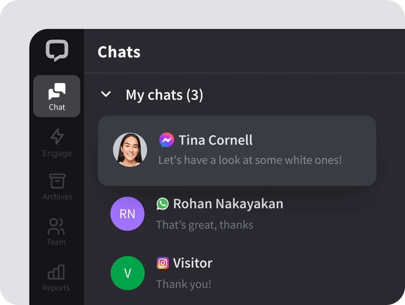 A preview of a chat list, including  customer messages from communication channels you decided to integrate with LiveChat, including Messenger, WhatsApp Business, and more.