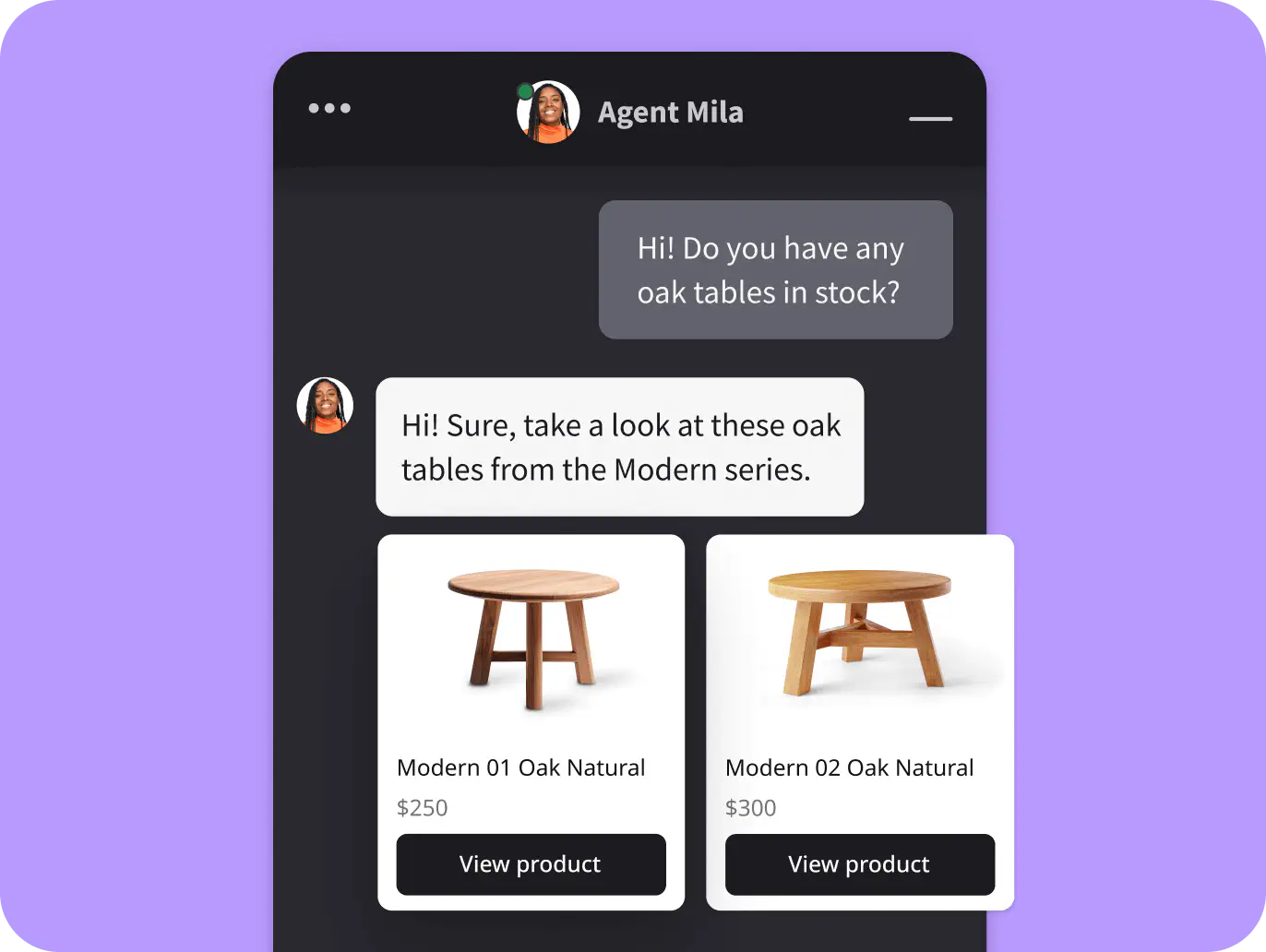 A preview of product recommendations that you can send while chatting with customers to speed up the sales process.