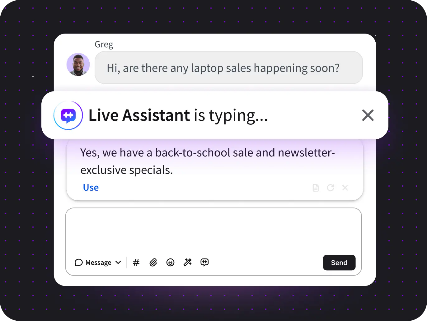 A preview of LiveAssistant, one of LiveChat's AI features you can use to automate simple tasks so you can focus on key business matters
