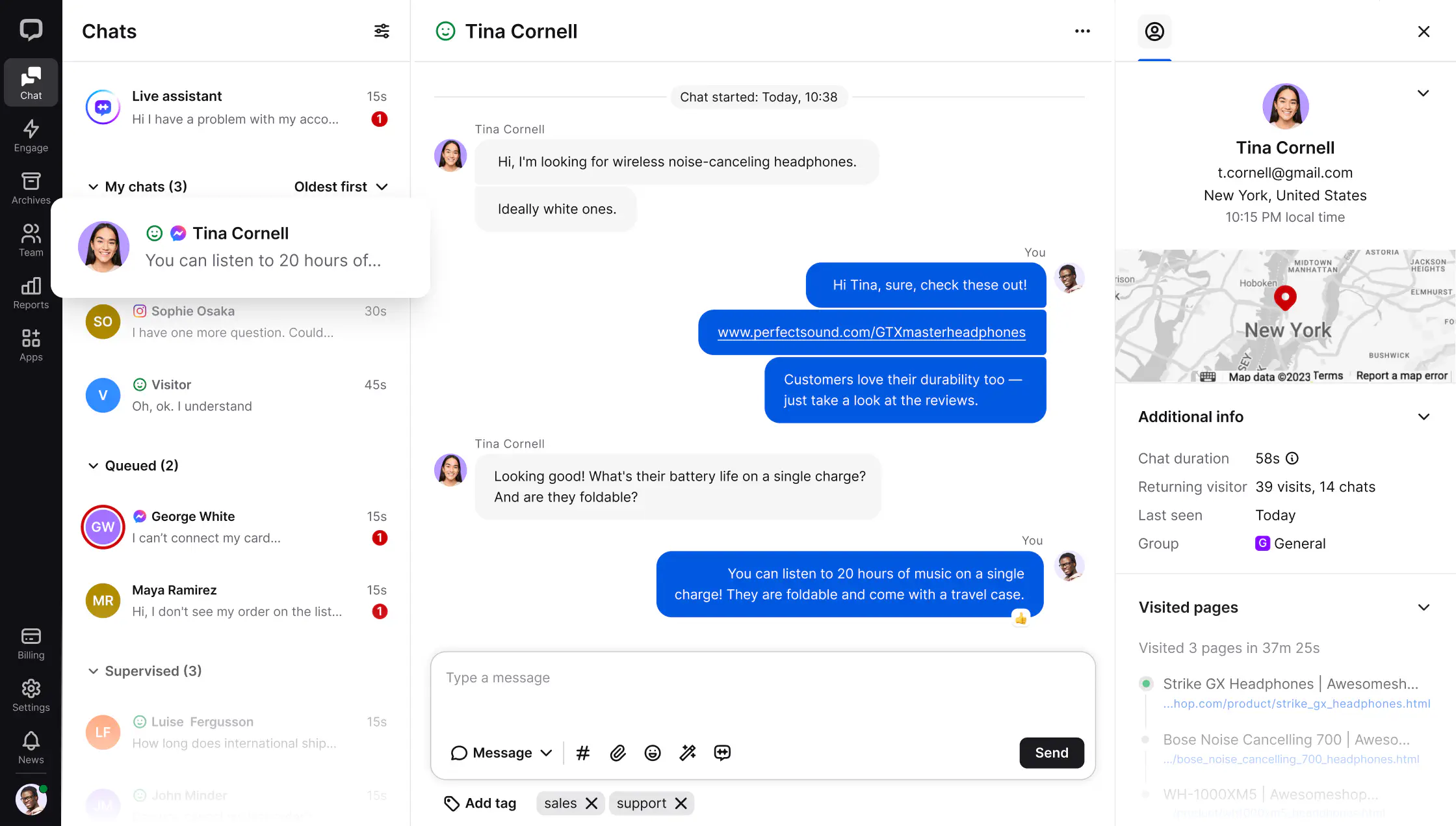 The chat tab inside the LiveChat app. This is a communication hub where your agents and managers can chat with customers, with all chat and customer details in the sidebars.