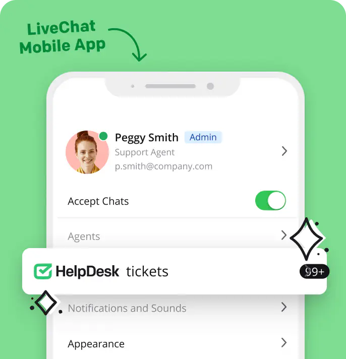 Visualization of HelpDesk tickets management available in the LiveChat mobile app